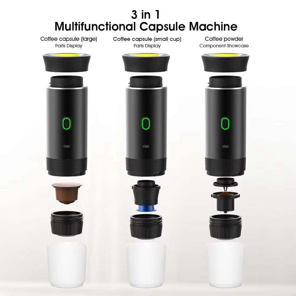 Portable 3 in 1 multifunctional coffee brewer with capsule and coffee powder compatibility, black aluminum alloy design