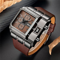 Men's luxury casual watch with square brown dial, stainless steel case, and brown imitation leather strap