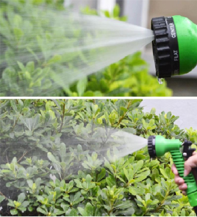 Flexible garden hose spray nozzle watering green plants with mist and jet spray modes.