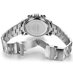 Back view of stainless steel strap multifunctional men's fashion watch with quartz movement and folding buckle