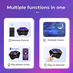 Northern Lights Star Projector with remote control, multiple color modes, Bluetooth music playing, and easy operation features.