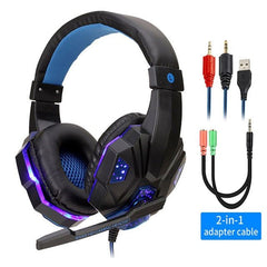 Black and blue Led Light Wired Gamer Headset with LED lighting, cushioned ear pads, retractable microphone, and 2-in-1 adapter cable for PC and consoles.
