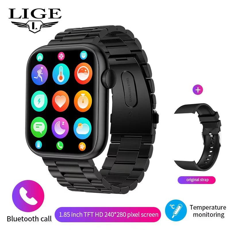 Black smart watch with 1.85-inch color touchscreen, Bluetooth call, temperature monitoring, and metal strap with additional silicone strap.