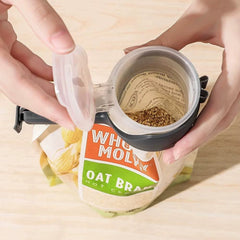 Food sealing clip with pour spout securing oat bran bag, plastic clip in gray color