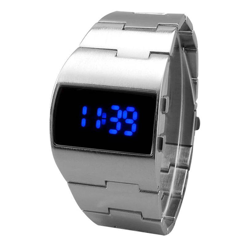 Men's LED fashion watch with stainless steel alloy strap and blue digital display on square dial