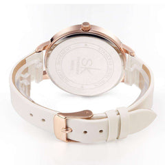 Back view of Shengke Fashion Watch for Women with white adjustable strap and rose gold buckle