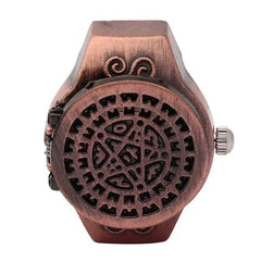 Vintage finger watch with flip-up cover and quartz movement in bronze alloy design