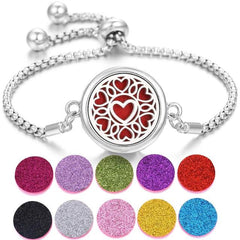 Stainless steel perfume bracelet with heart design and multicolor scent pads sections, adjustable chain