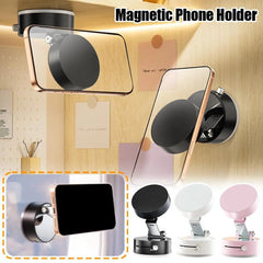Suction cup magnetic phone holder in black, white, and pink with strong N52 magnet for hands-free phone mounting on various surfaces.