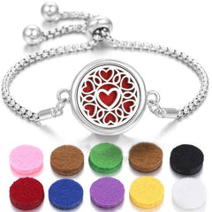 Stainless steel perfume bracelet with adjustable chain and heart design diffuser with colorful scent pads.