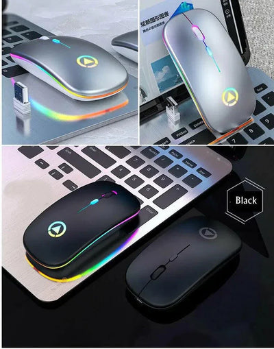 2.4GHz RGB wireless USB rechargeable mouse with ergonomic design and colorful LED lighting on laptop keyboard