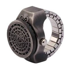 Vintage finger watch with flip-up cover and quartz movement, adjustable metal band, and unique antique design