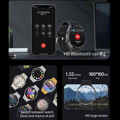 Smart Watch 2025 black with 1.32-inch HD Bluetooth calling screen and customizable watch faces.