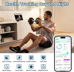 Man exercising with dumbbells wearing a smart ring health tracker showing sleep tracking, activity monitoring, heart rate, blood oxygen, and health data app interface on phone.