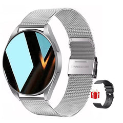 Smart Watch 2025 with Bluetooth call, health monitoring, magnetic charging, 1.32-inch HD touch screen, stainless steel mesh band, and multi-language support