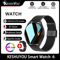 KESHUYOU Smart Watch 6 with 1.32-inch AMOLED screen, AI voice, address book, sports mode, and black metal mesh strap