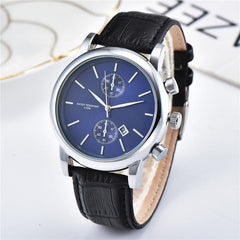 Men's quartz high quality watch with blue dial, stainless steel case, and black imitation leather strap