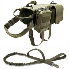 Tactical Military Dog Harness in olive green with durable straps, padded interior, sturdy handle, and heavy-duty leash attachment designed for outdoor adventures and control.