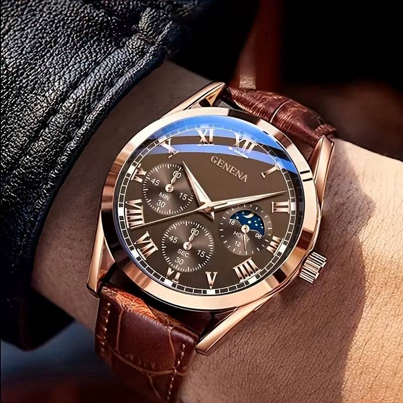 Men's business and casual quartz watch with alloy case, Roman numeral display, and brown leather band.