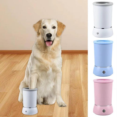 Automatic Pet Feet Washer in white, blue, and pink for cleaning dog paws quickly and quietly with durable ABS and silicone materials.
