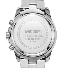 Back view of a stainless steel multifunctional men's fashion watch with chronograph and water resistance features
