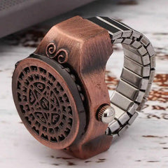 Vintage finger watch with flip-up cover and metal adjustable band, quartz movement, antique design