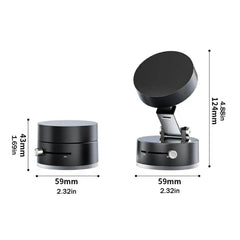 Compact black suction cup magnetic phone holder with adjustable swivel and dimensions shown