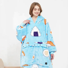 Woman wearing blue plush Heated Hoodie Blanket with sushi print, oversized cozy fit with hood and front pocket