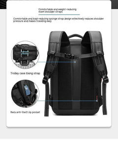 Black vacuum compression backpack with ergonomic padded straps, trolley case fixing strap, and back anti-theft zip pocket for secure travel.