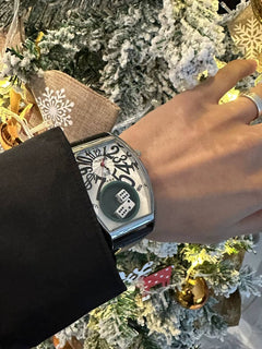 Miura Japanese Dice Vintage Watch with unique dice design on wrist against festive snowy background