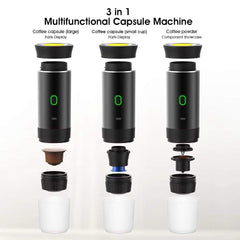 Portable 3 in 1 multifunctional coffee brewer with capsule and coffee powder compatibility, black aluminum alloy design