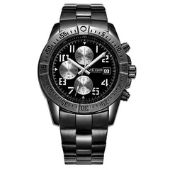 Black stainless steel fashion men's multifunctional chronograph watch with calendar and quartz movement