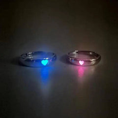 Luminous Heart Couple Rings with glowing blue and pink hearts, adjustable metal bands, romantic glowing love rings for couples