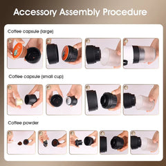 Step-by-step assembly guide for portable coffee brewer using coffee capsules and coffee powder.