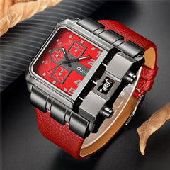 Men's luxury casual watch with red square dial and red imitation leather strap
