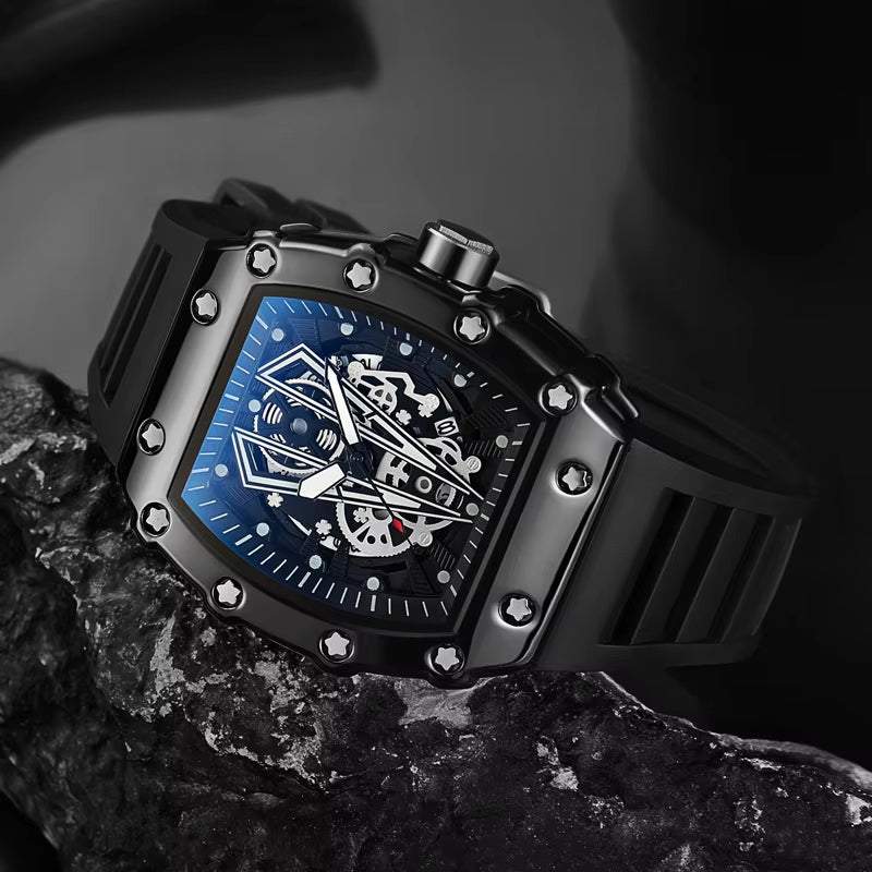 Black waterproof men's sport watch with square luminous dial and mechanical design, foreign trade model