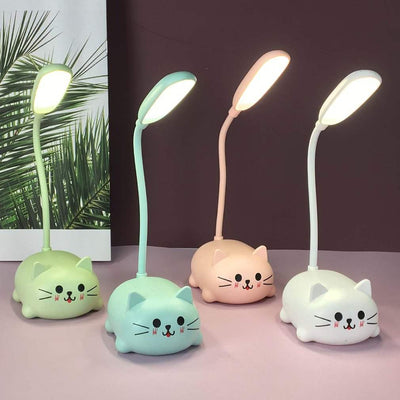 Set of four cute desk lamps shaped like adorable cats in pastel green, blue, pink, and white with flexible necks and warm white LED lights.