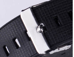 Close-up of black rubber strap and silver metal buckle of Fashion Men's Unique LED Digital Watch