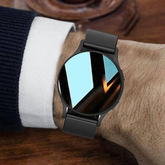 Smart Watch 2025 black round touchscreen smartwatch with health monitoring and Bluetooth call features on wrist