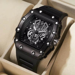 Men's waterproof sport square luminous watch with black strap and mechanical design face