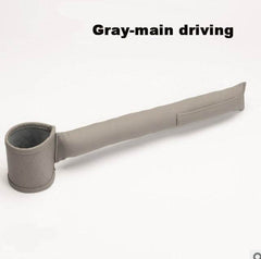 Gray leather car seat gap filler with storage pocket and cup holder for driving organization