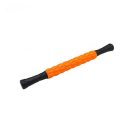 Orange muscle roller stick with black handles for deep tissue massage and muscle relief