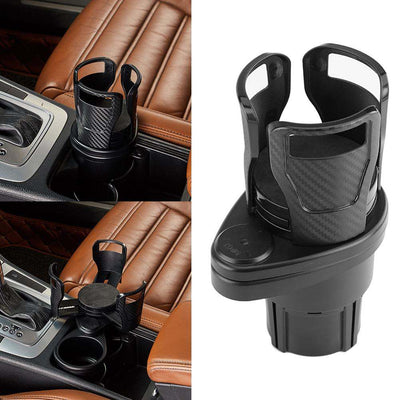 Adjustable black car cup holder with carbon fiber texture, fits securely in vehicle cup slot to prevent spills.
