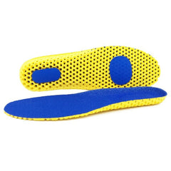 Pair of yellow and blue memory foam insoles with honeycomb mesh design for enhanced comfort and support