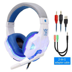 White and blue LED light wired gamer headset with cushioned ear pads and retractable microphone, includes 2-in-1 adapter cable for PC and consoles