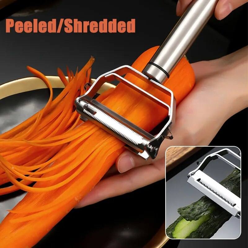 Stainless Steel Kitchen Vegetable Peeler shredding carrot with ergonomic handle and sharp blade for easy prepping