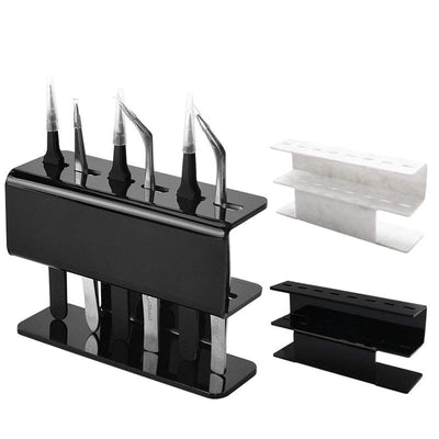 Acrylic eyelash tweezers holder with six slots for organizing beauty tools, available in black and white designs