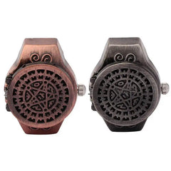 Vintage style finger watch with flip-up cover in antique bronze and silver colors, featuring quartz movement and adjustable stretch band.