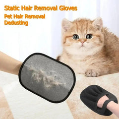 Black Miracle Grooming Glove with pet hair on it next to a fluffy kitten for static hair removal and pet hair dedusting