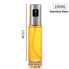 100ml kitchen condiment bottle with stainless steel spray top and clear glass body, 17cm tall and 4.3cm wide, ideal for oils and dressings.